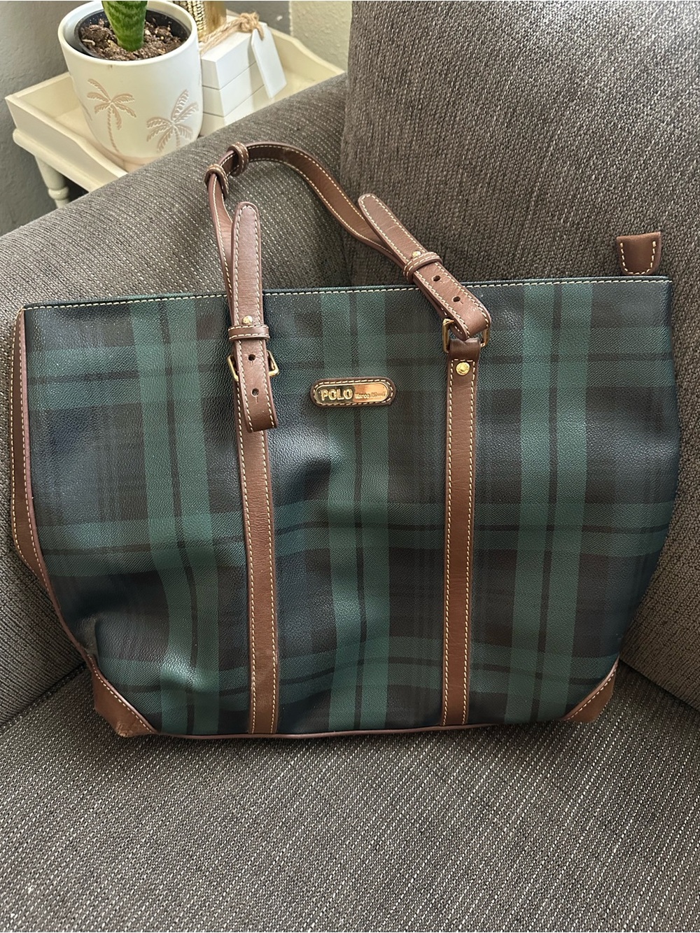 Polo by Marco Hiuui Green Plaid Tote Bag with Brown Trim 18” x 13”